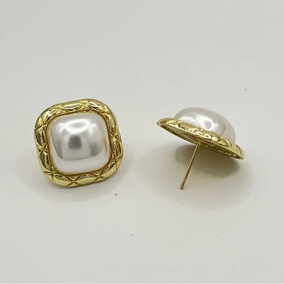 Gold Tone Faux Pearl Square Stud Earrings - Picture 2 of 3